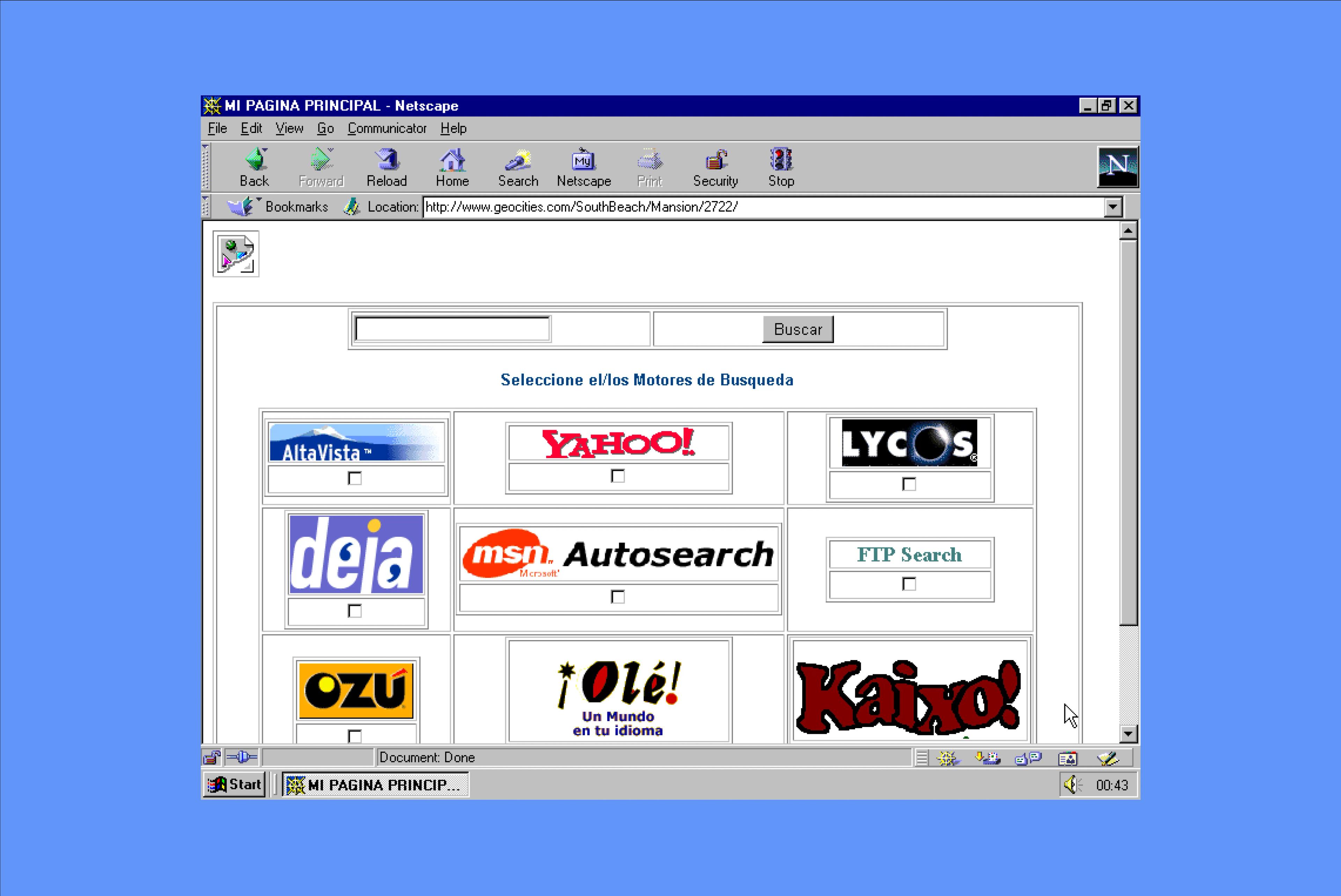 A Geocities page on which a default table grid shows the logos of companies like Yahoo and Autosearch.