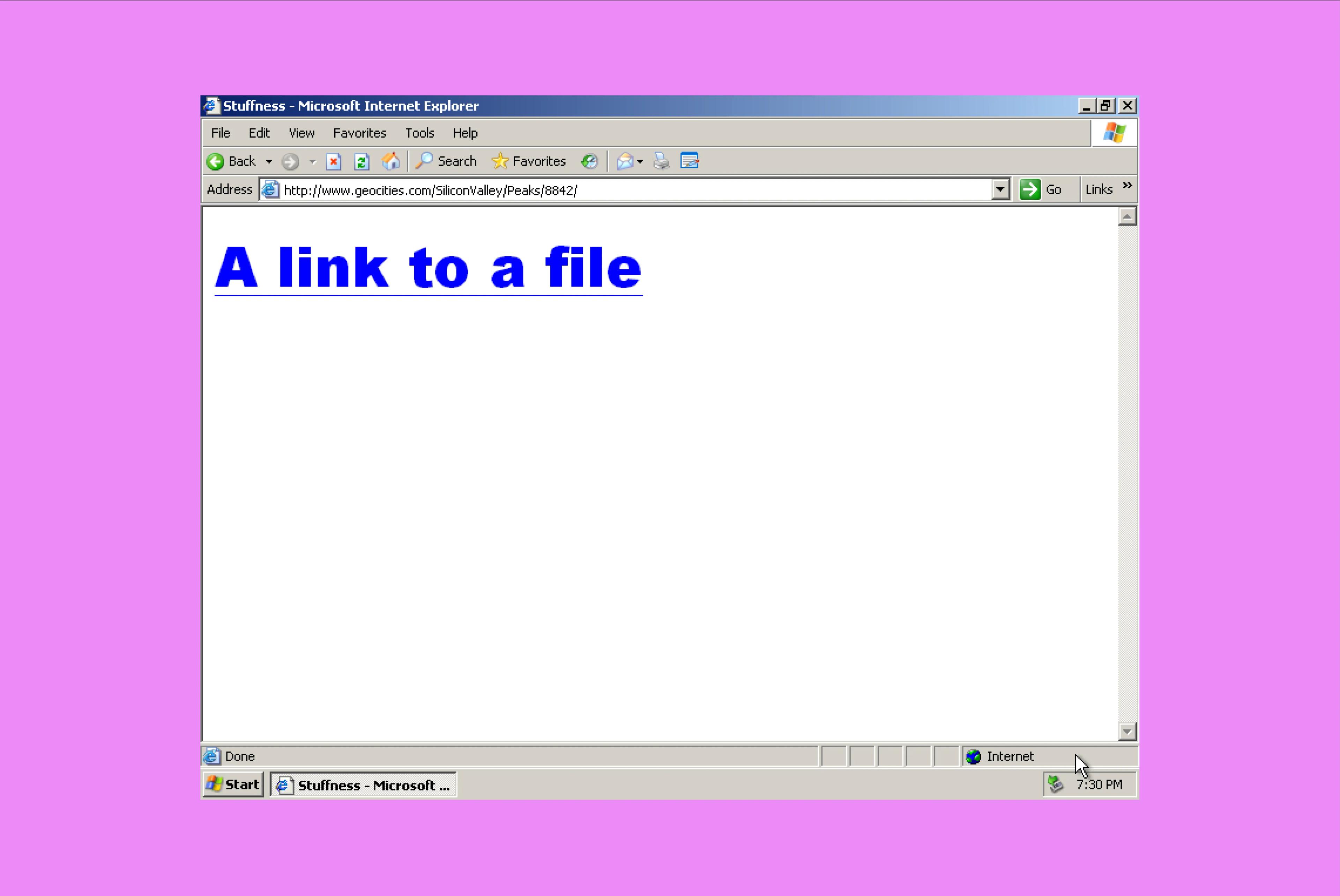 A Geocities page is blank except for a blue underlined link saying “A link to a file.”