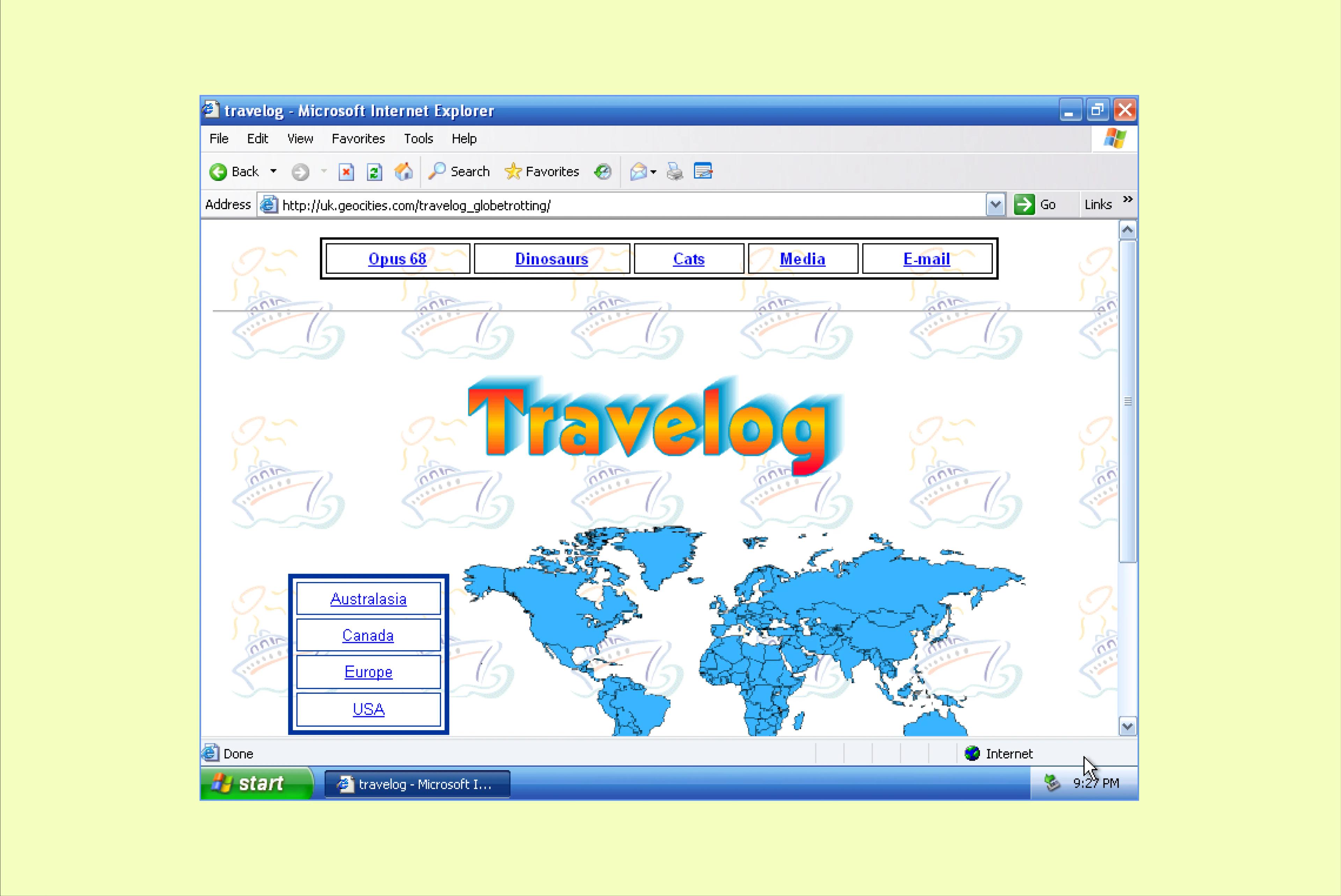 A Geocities page named “Travelog” has a patterned background of boats, a map of the continents, and links to other pages documenting the maker’s travels.