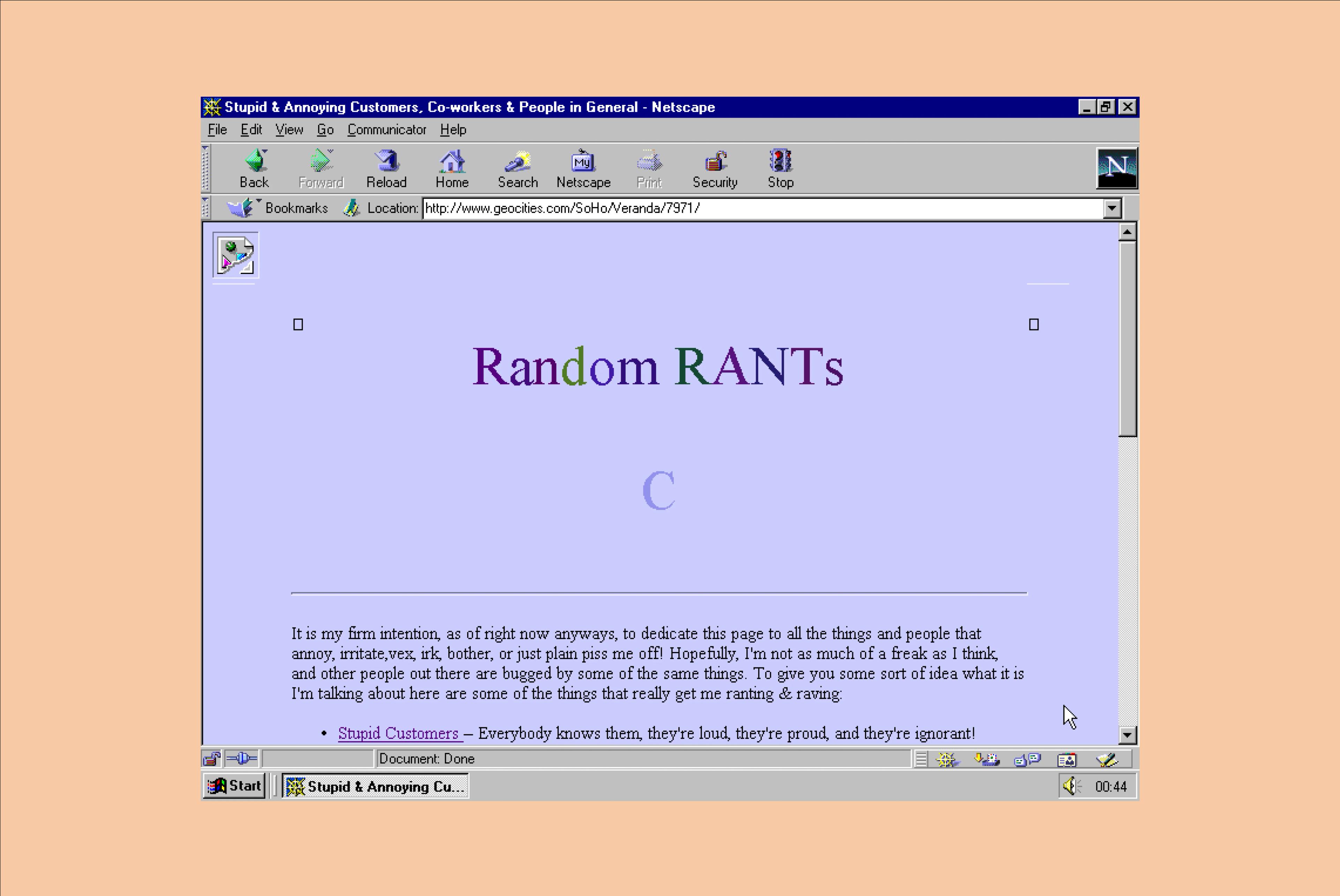 A Geocities page with a purple background says “Random RANTs” at the top and appears to be a blog.