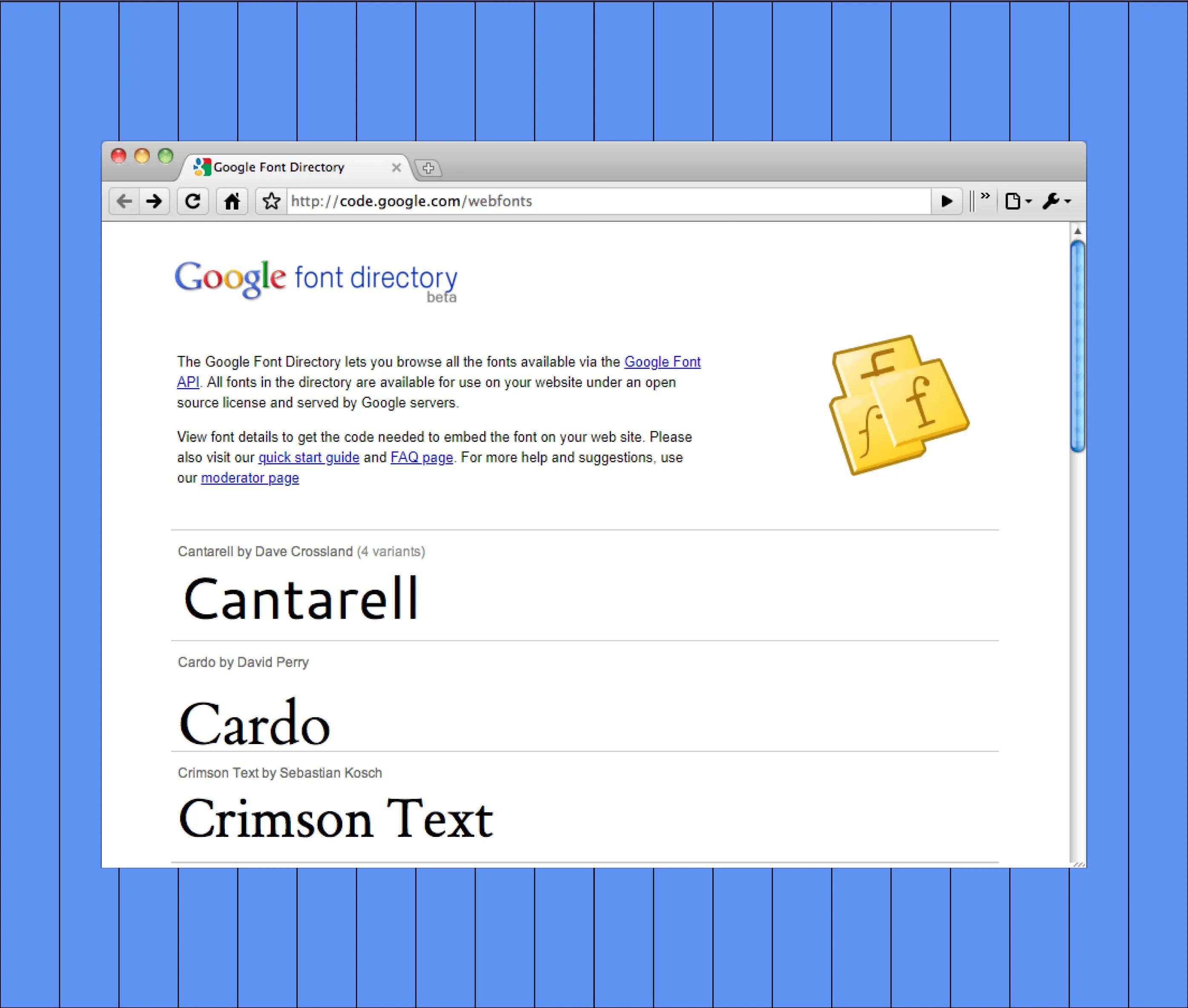 A screenshot of Google’s 2010 font directory page gives examples of three open-source fonts: Cantarell, Cardo, and Crimson Text.