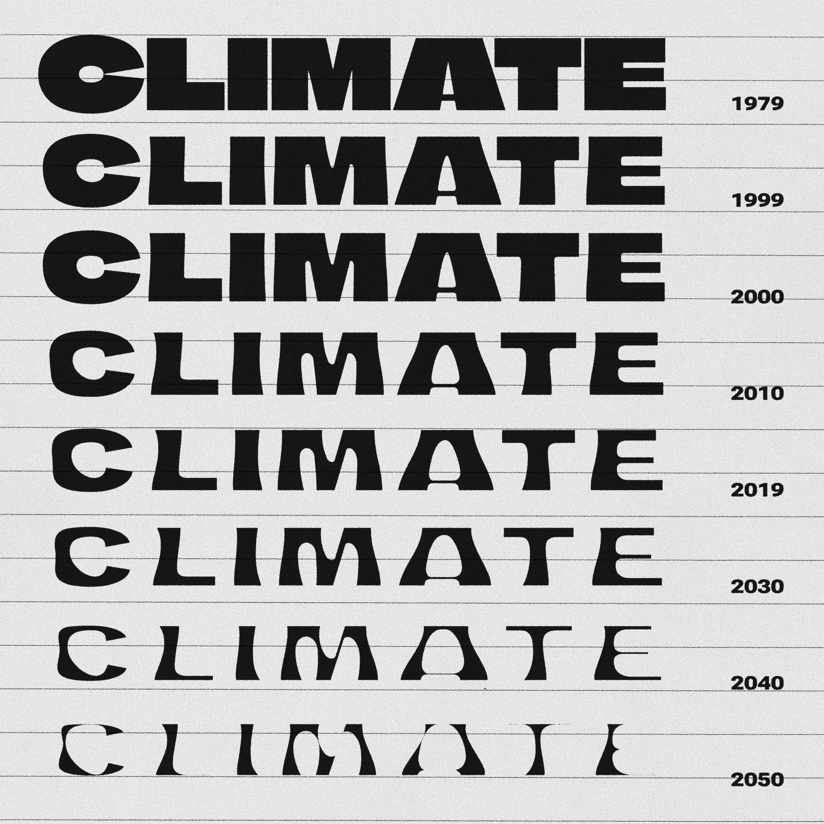 Eight rows of the words “Climate” in different weights, from heaviest (1979) to lightest 2050