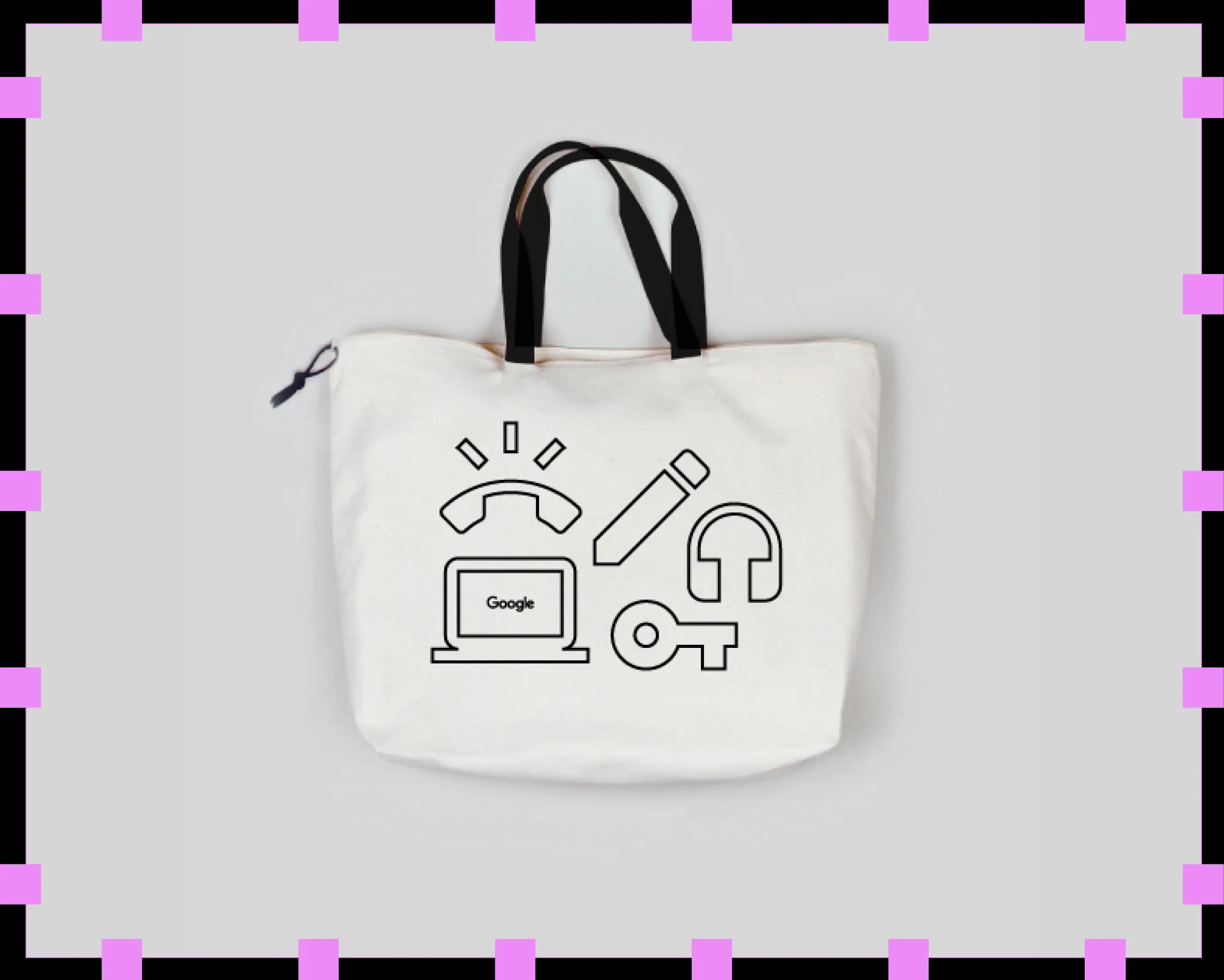 SPAN tote bag with icons for phone, laptop, edit, music, and security.