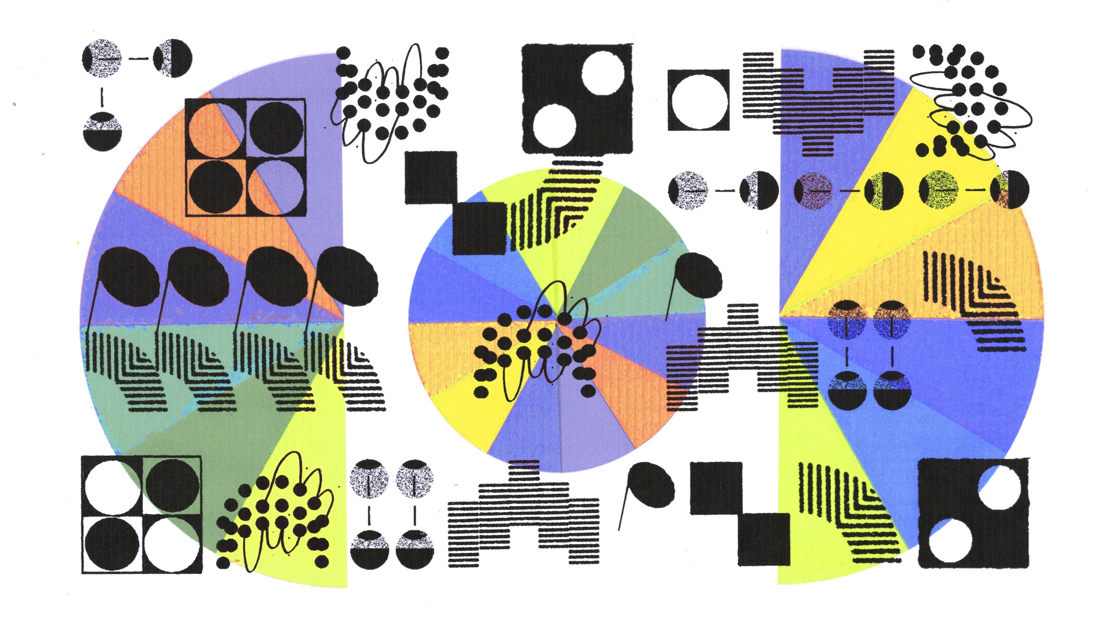 shapes and colors arranged to show a relationship between sound and visual media