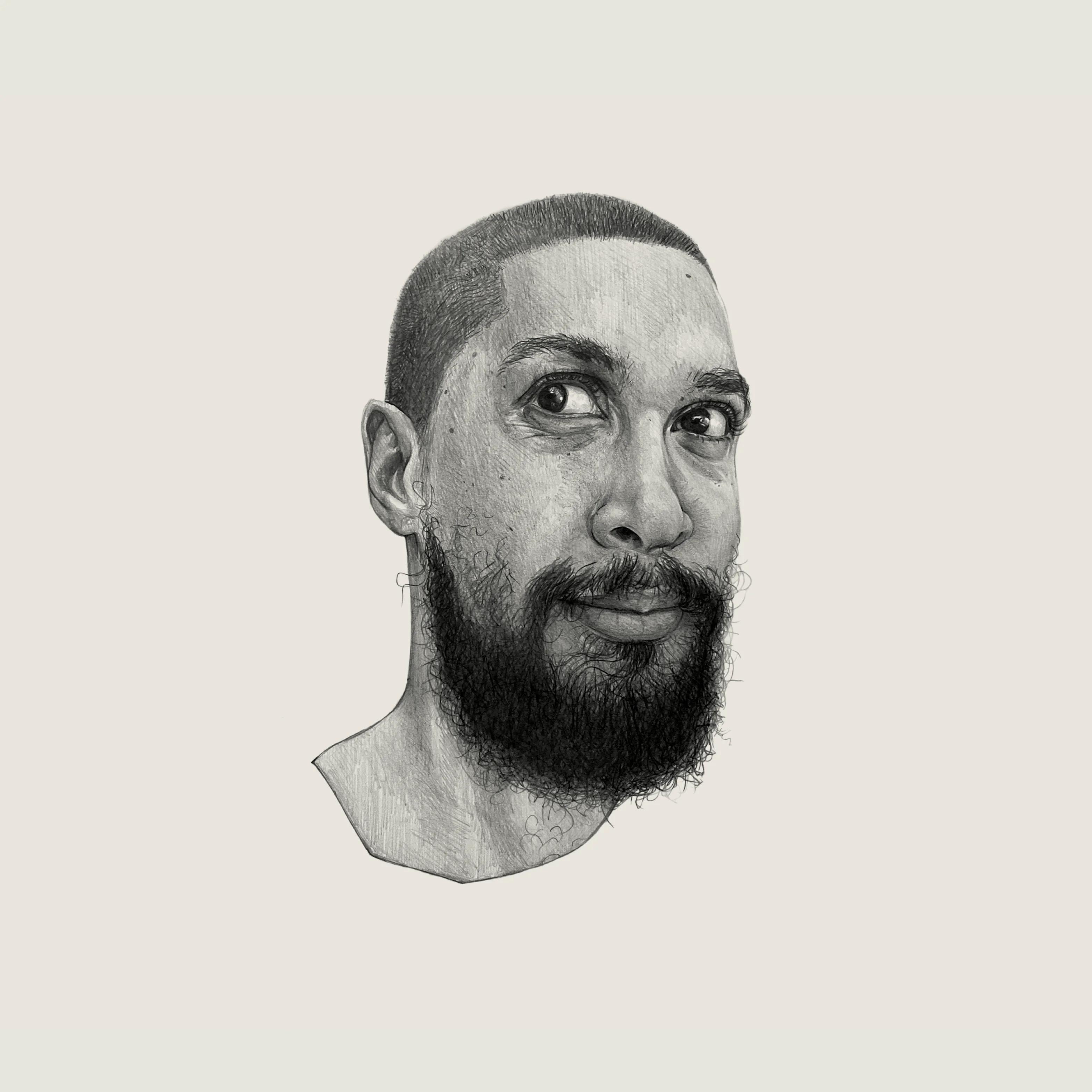 Black and white sketch of Errol with a beard, as he looks slightly away