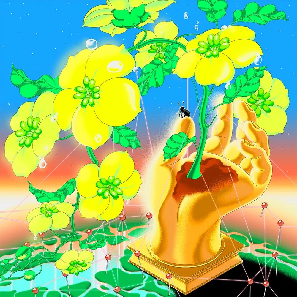 A digital illustration of bright yellow and green flowers blooming out of a sculpted open hand's palm, which sits on a globe with pins connecting locations like a map.