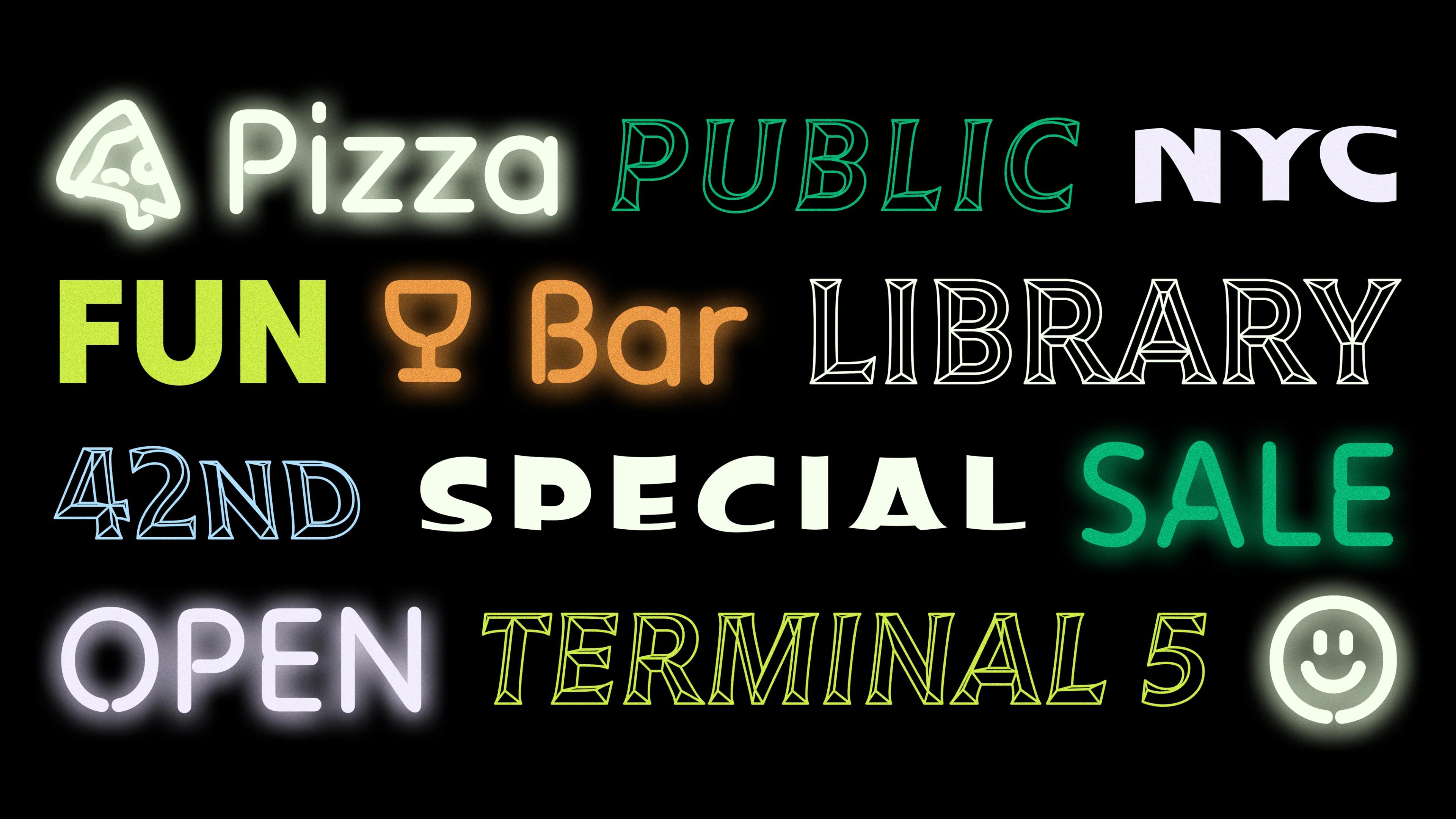 Neon, Prism, and Warp spelled out in Tilt by Google Fonts