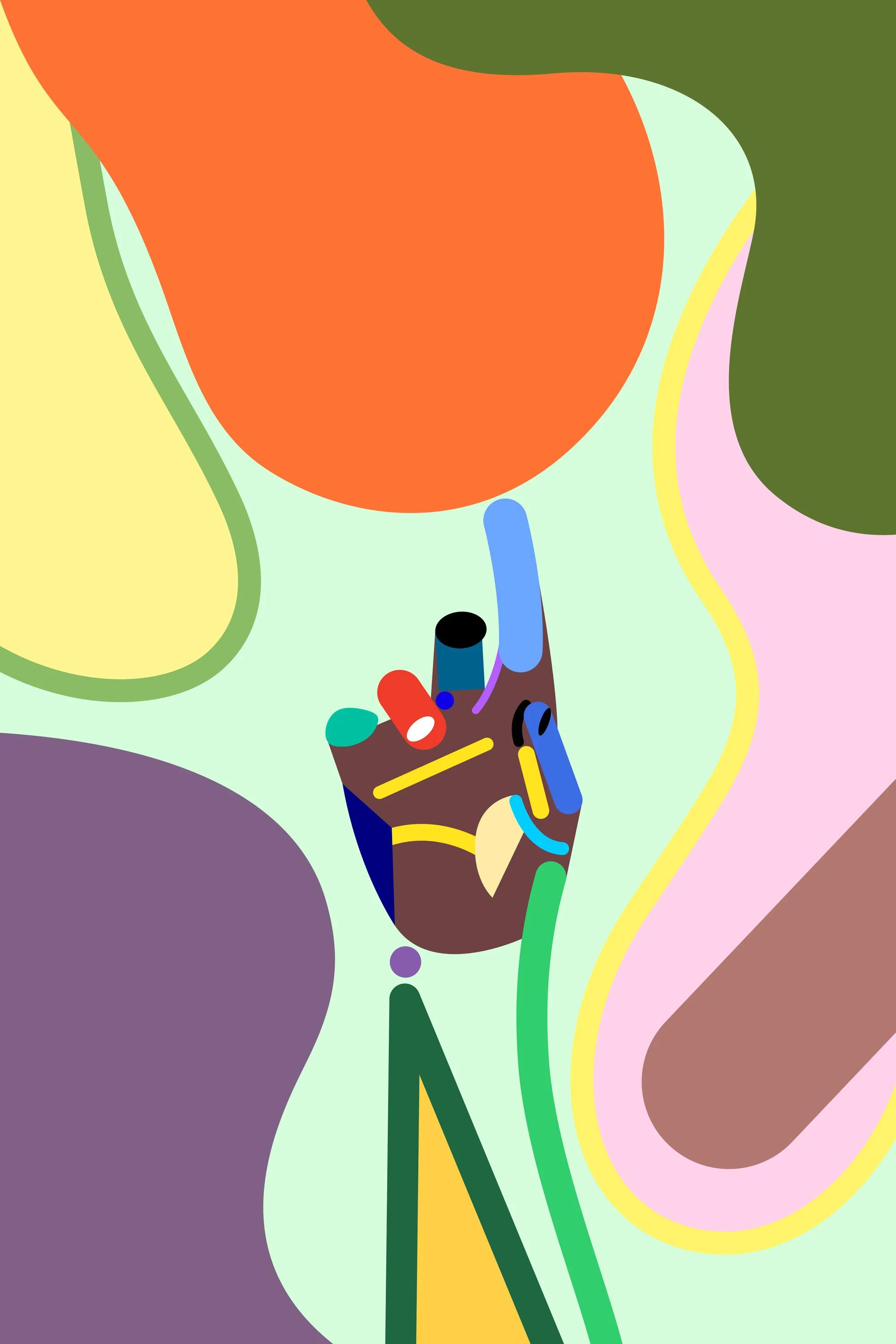 Illustration of a hand and colorful abstract shapes