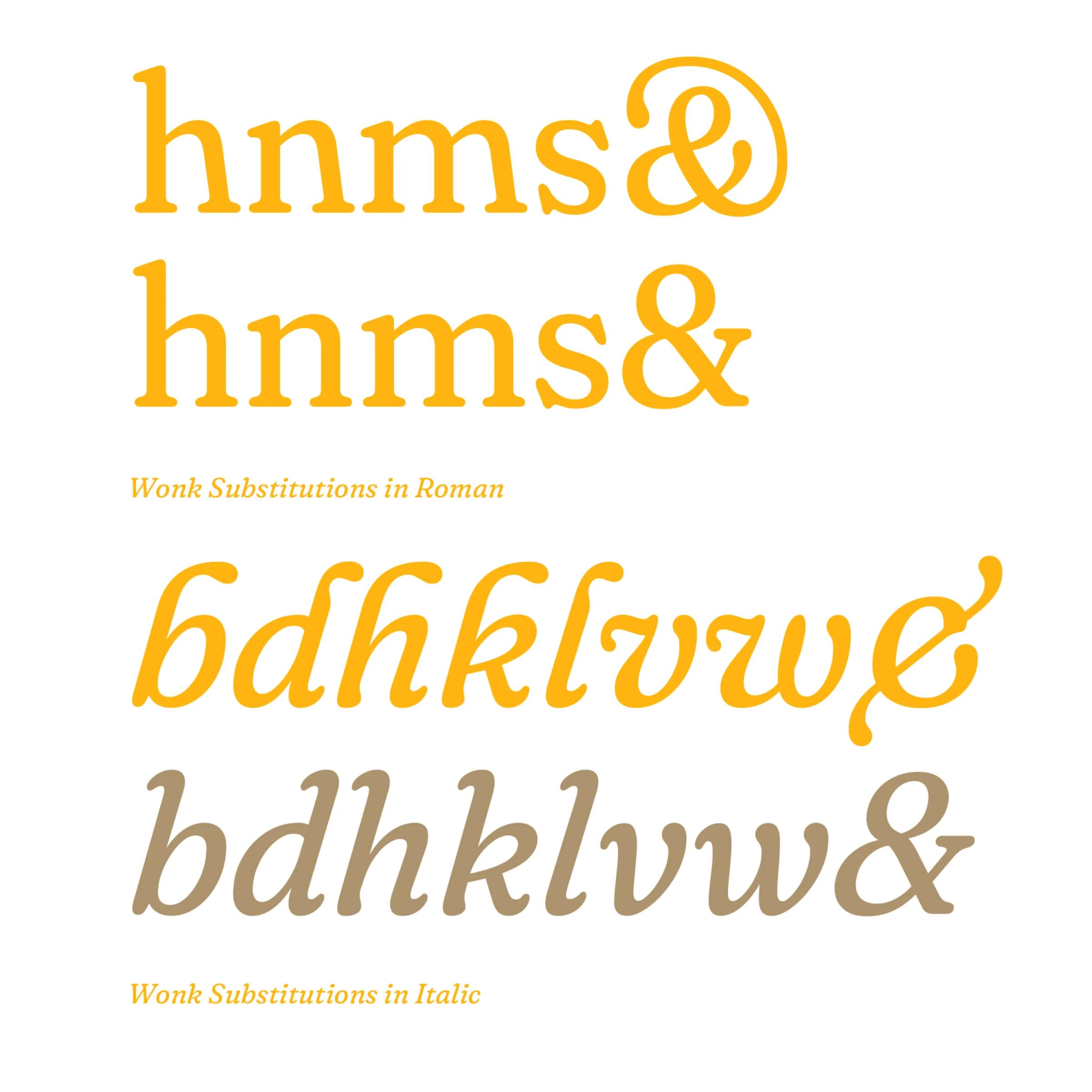 Sample letters shown with (above, orange) and without (below, brown) wonk substitutions applied