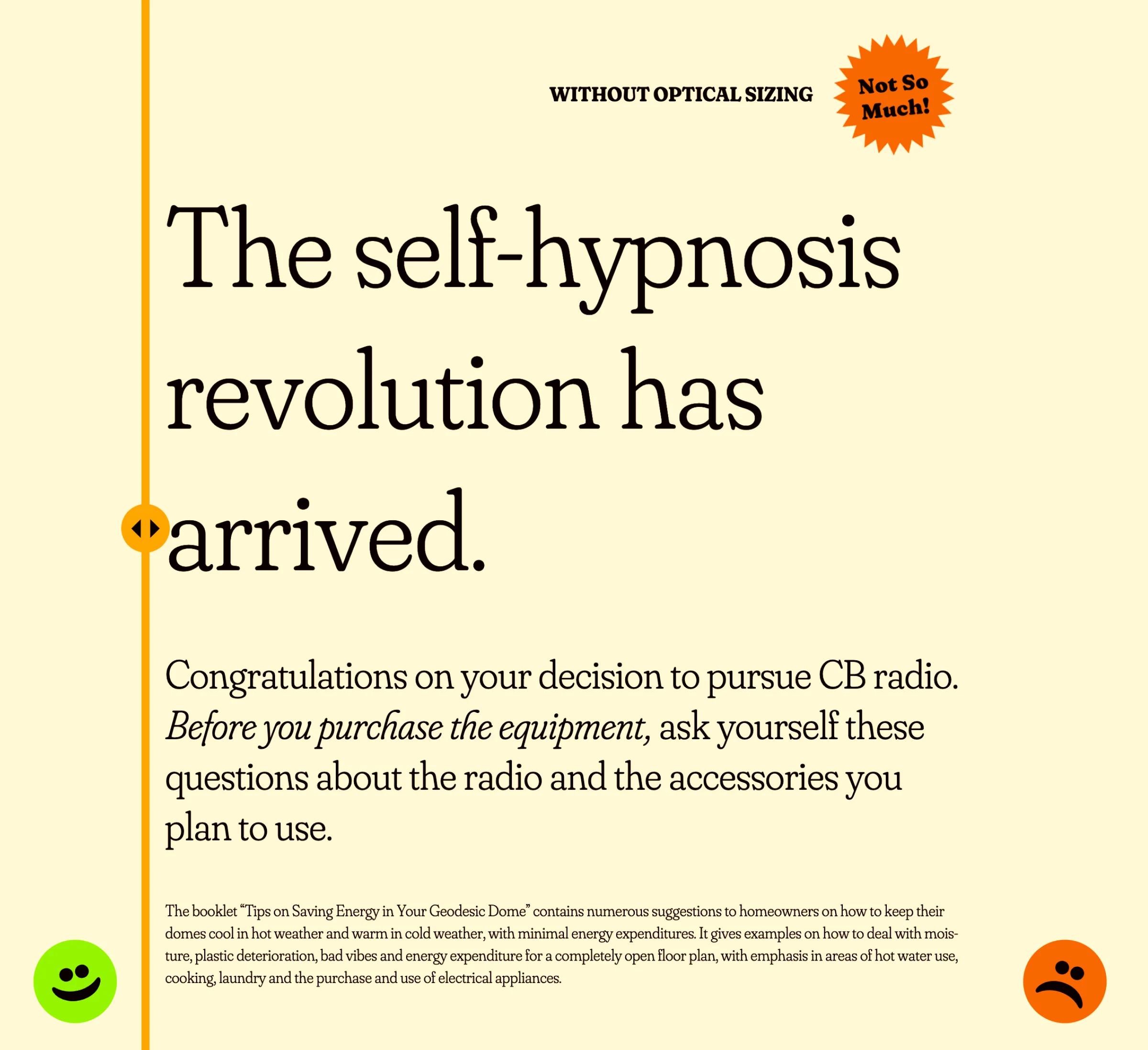 Text about self-hypnosis and radio purchase in 3 text sizes