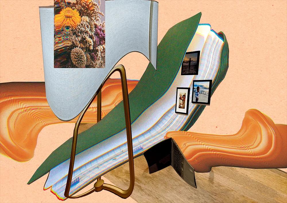 A digital collage featuring a distorted green notebook, black laptop, some stretched orange blobs, perhaps a lamp, and a small photo of flowers on a woodgrain and peach-colored background.