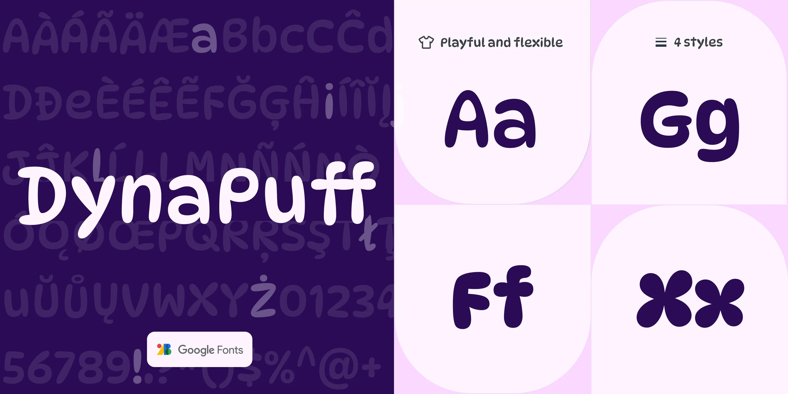 Overview image of individual letters showing a font with soft and puffy curves where letterforms usually are angular