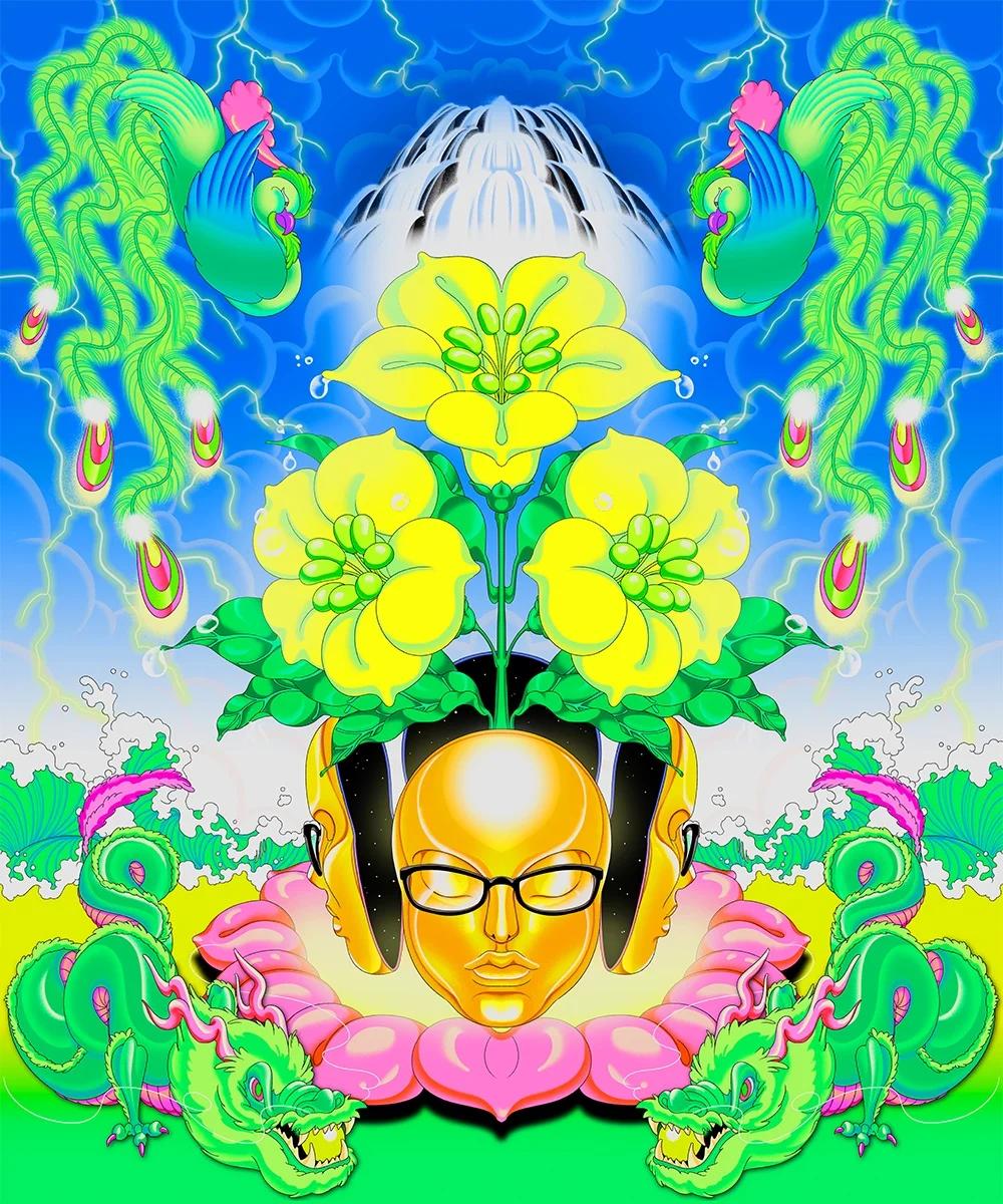 A digital illustration with three large flowers blooming from a sculpture of a face with glasses; the profile pops out on all for sides like an open box. Two bright green dragons flank the face, while two peacock-like creatures look down from top corners.