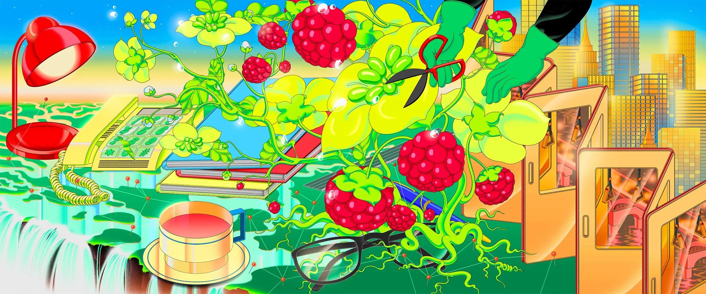 A digital illustration of a raspberry plant being trimmed with scissors, beneath its roots lie objects of an office like a lamp, '90s landline telephone, books, glasses, cup of coffee. A city skyline and subway doors on the right.