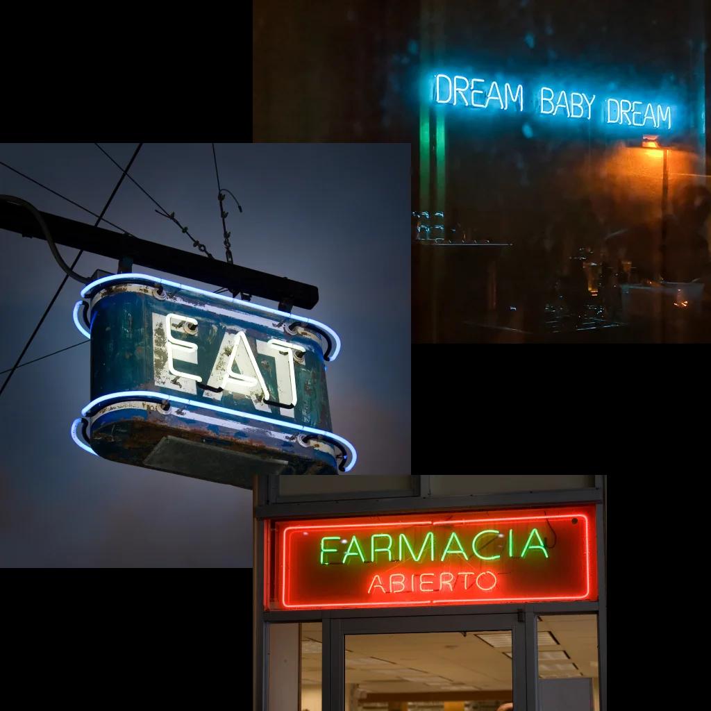 collage view of various neon signs