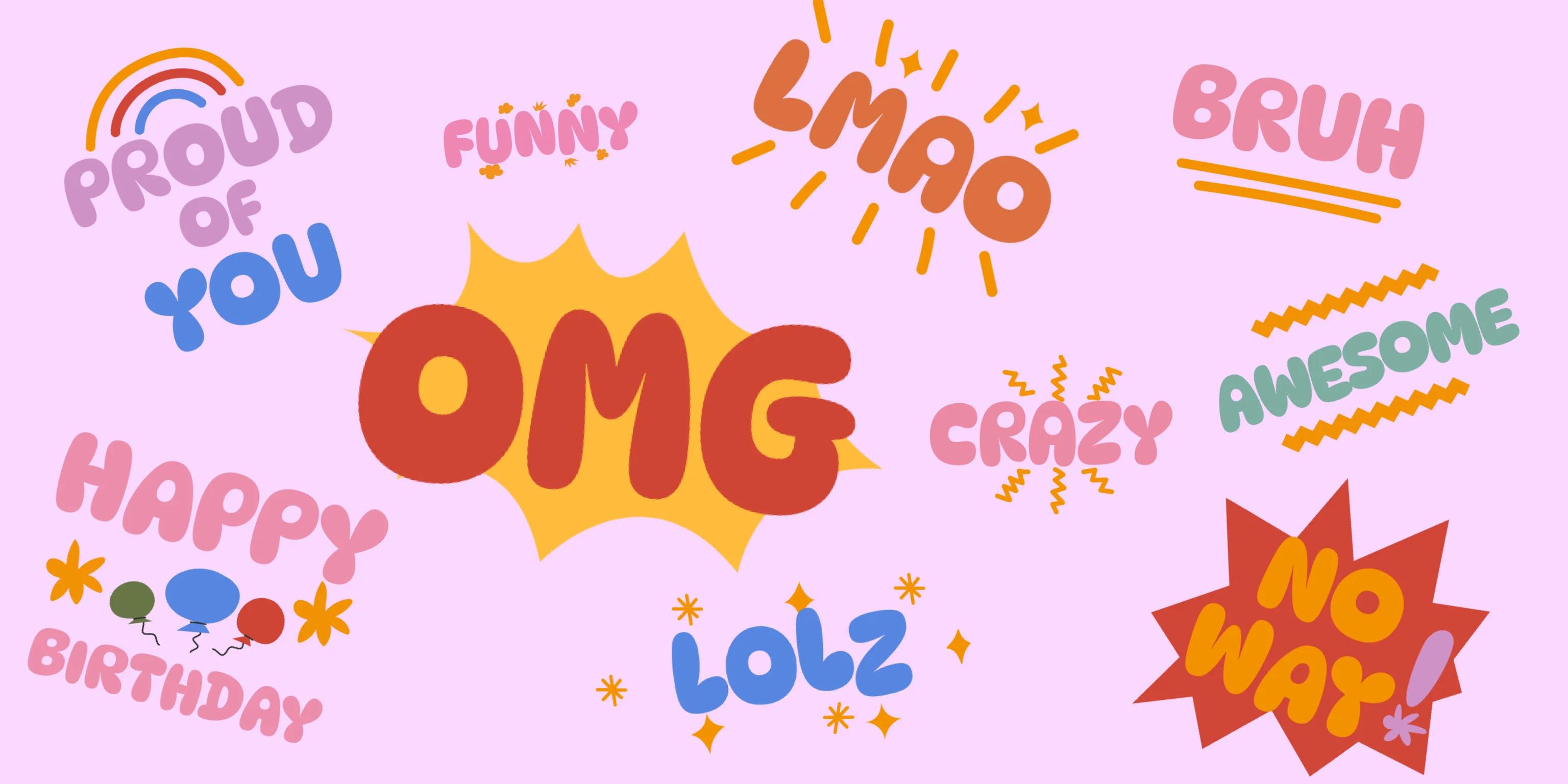 10 sticker-like graphics with fun phrases like OMG and LMAO on a purple background