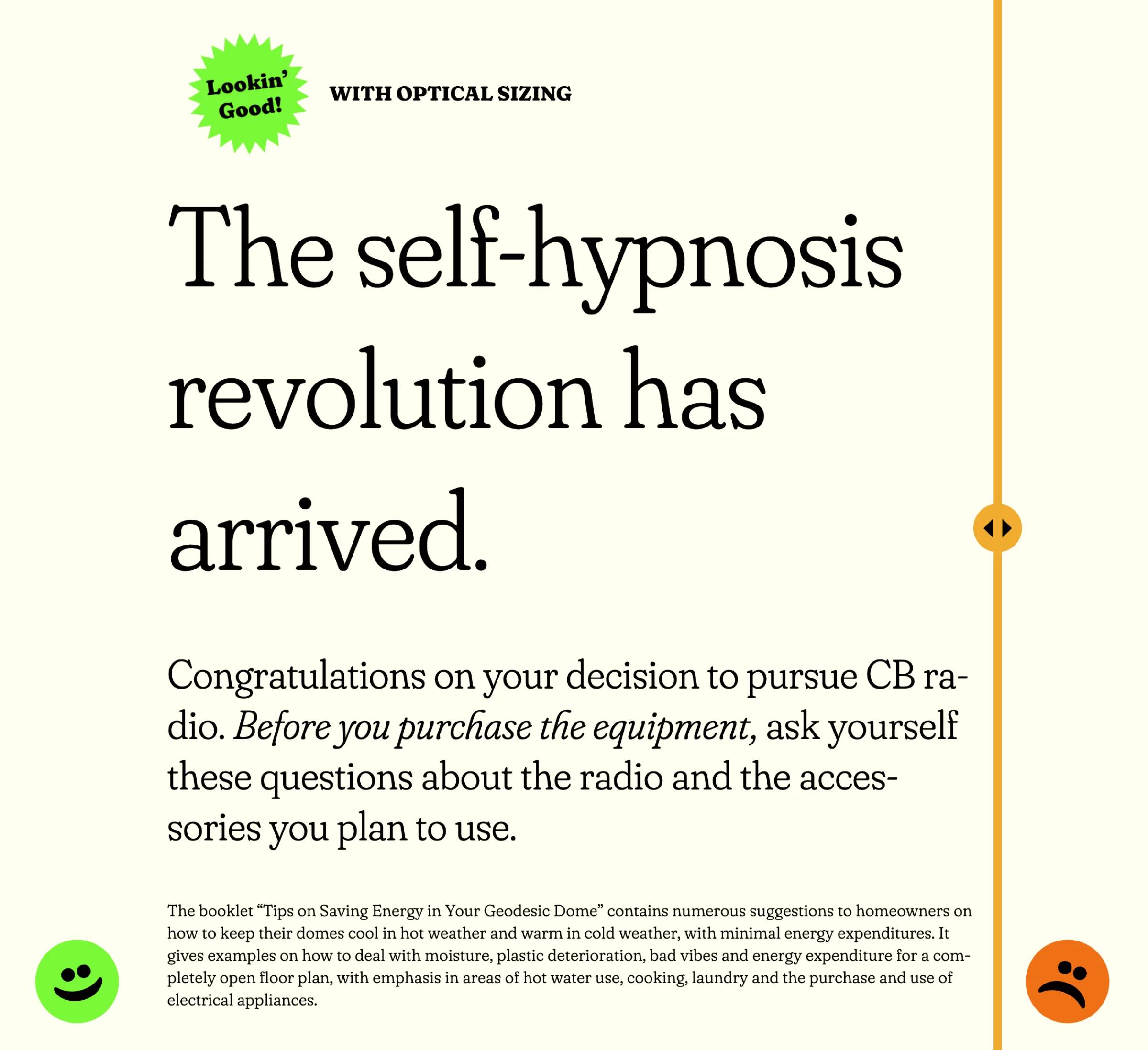 Text about self-hypnosis and radio purchase in 3 text sizes