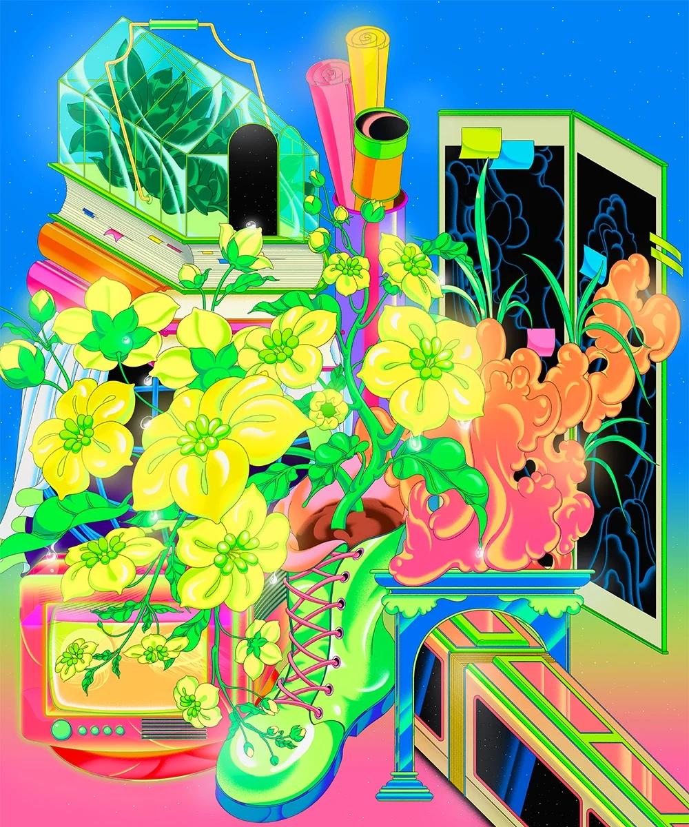 A digital illustration of various neon-hued objects you'd find in a home jumbled together: yellow flowers grow from a green boot, an old TV, a mini-greenhouse sits on a stack of books.