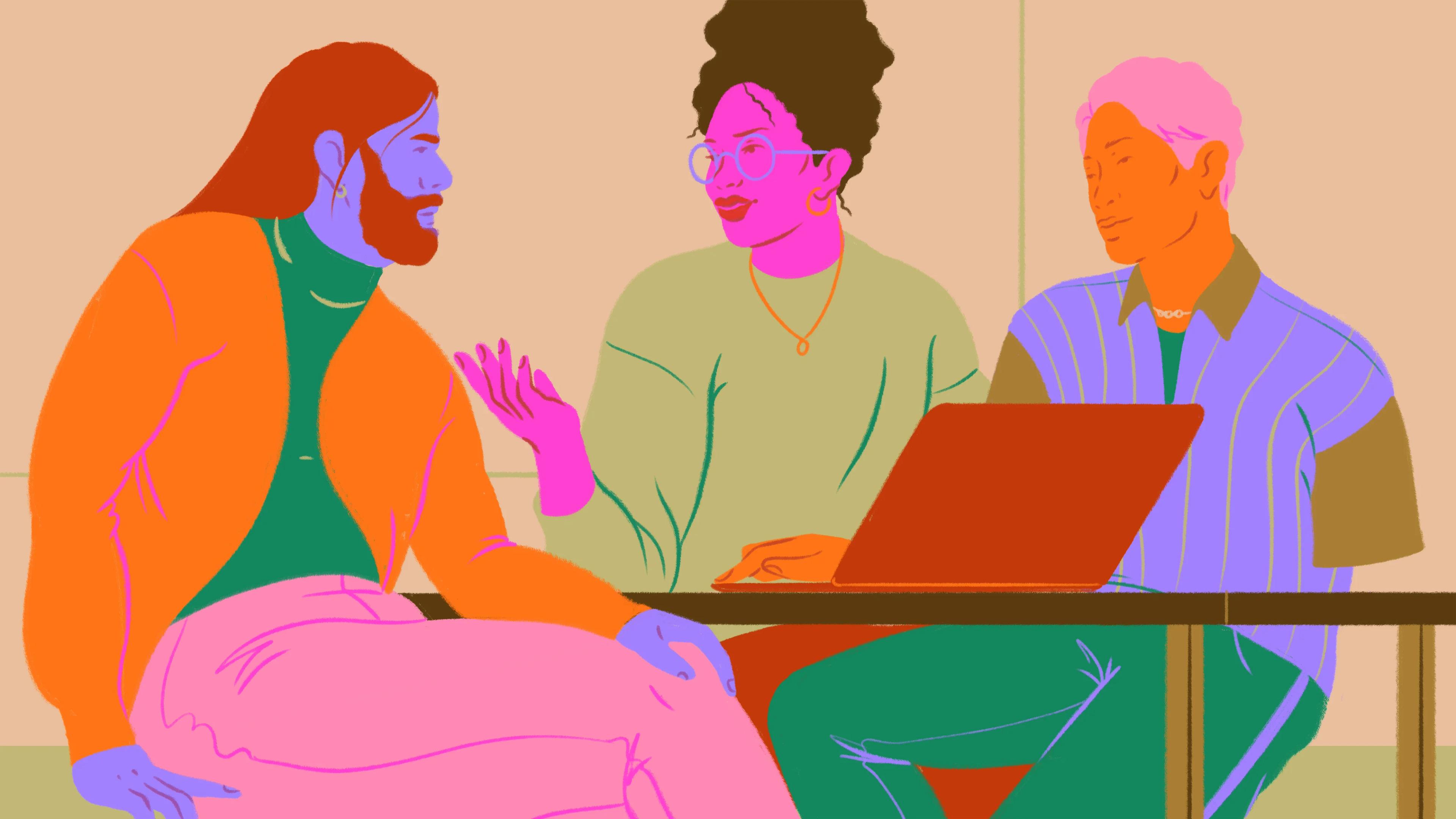 Illustration of 3 Googlers sitting at a table and talking